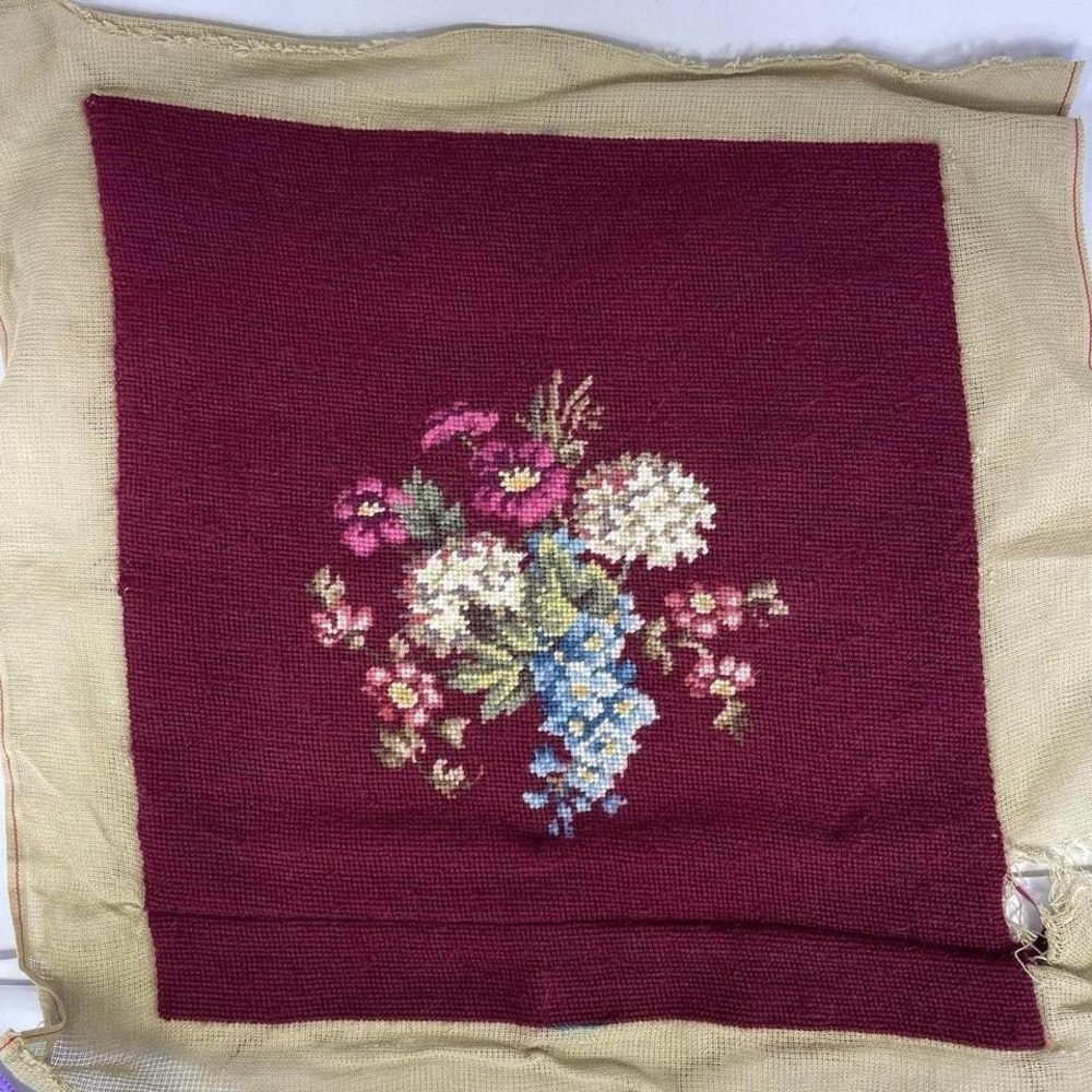 Vintage Floral Needlepoint Embroidery‎ Panel Burgundy Canvas 21x21 - Picture 2 of 6